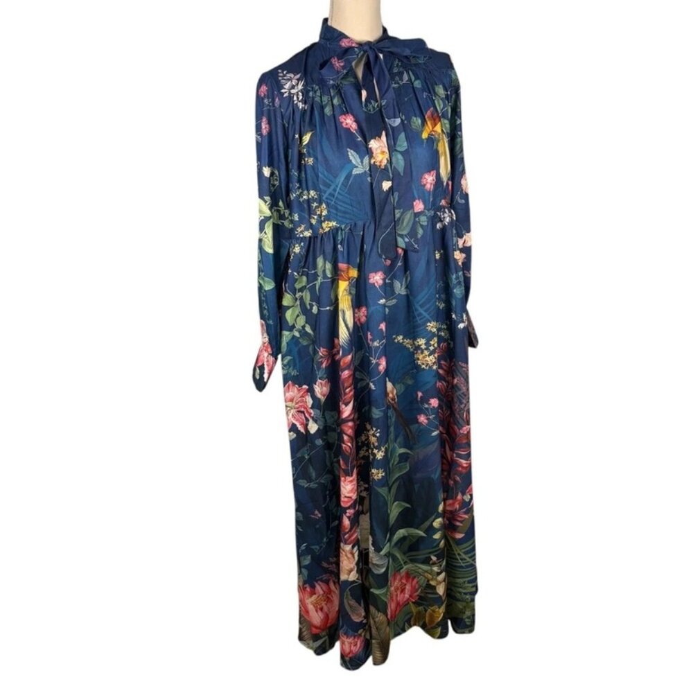 NWT Dalia Macphee Womens Navy Multi Long Sleeve Tie Neck Floral Maxi Dress Sz L - Picture 1 of 15